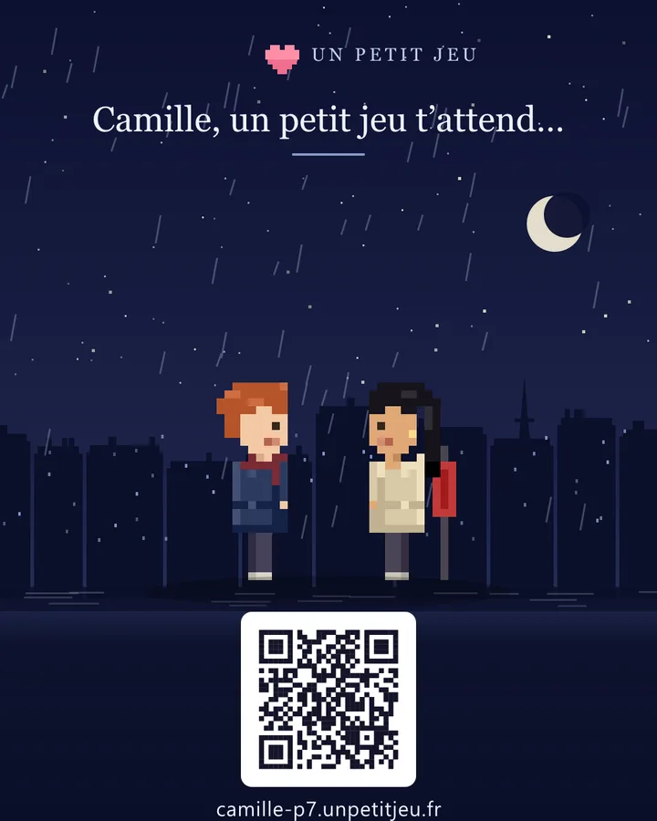 Carte à partager de la démo Camille : une promenade nocturne sous la pluie, avec un QR code.