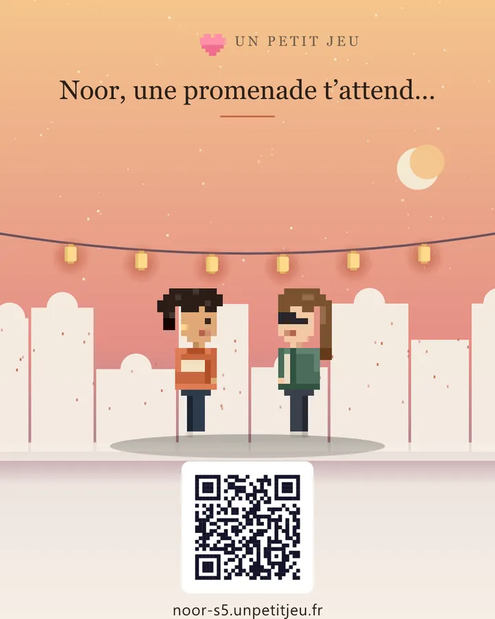 Carte à partager de la démo Noor : deux personnages sous des lampions, avec un QR code.