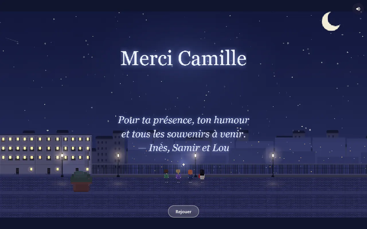 Le message de remerciement final, affiché dans le ciel.
