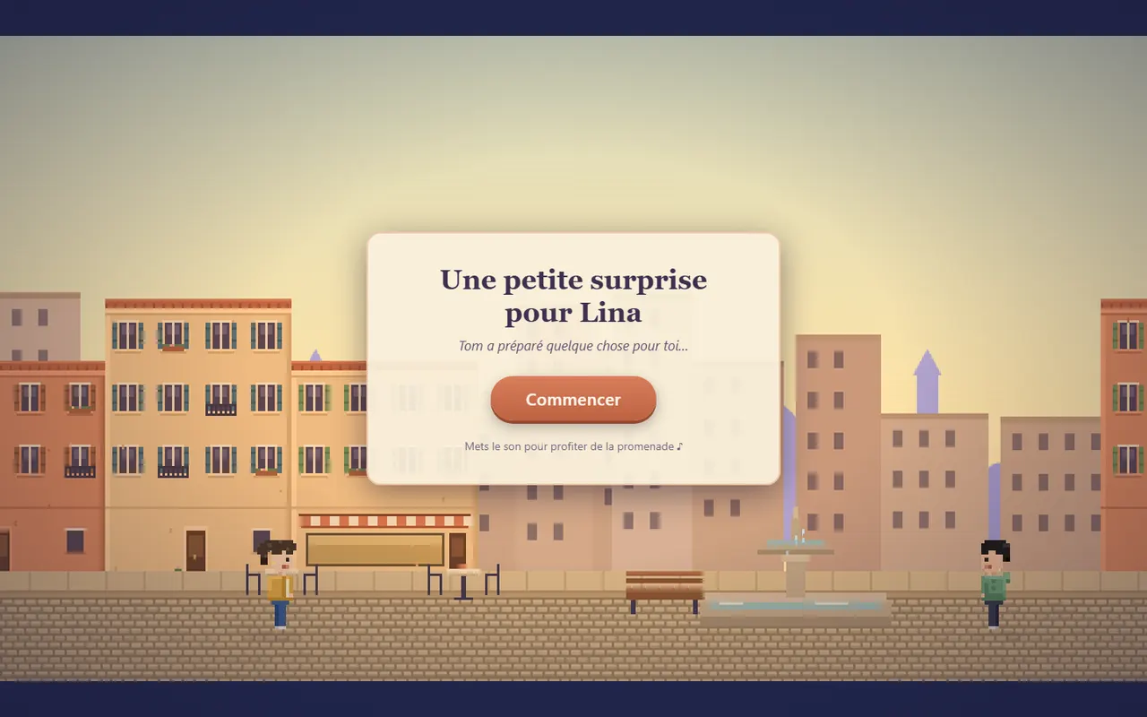 Écran d’accueil du jeu : « Une petite surprise pour Lina ».