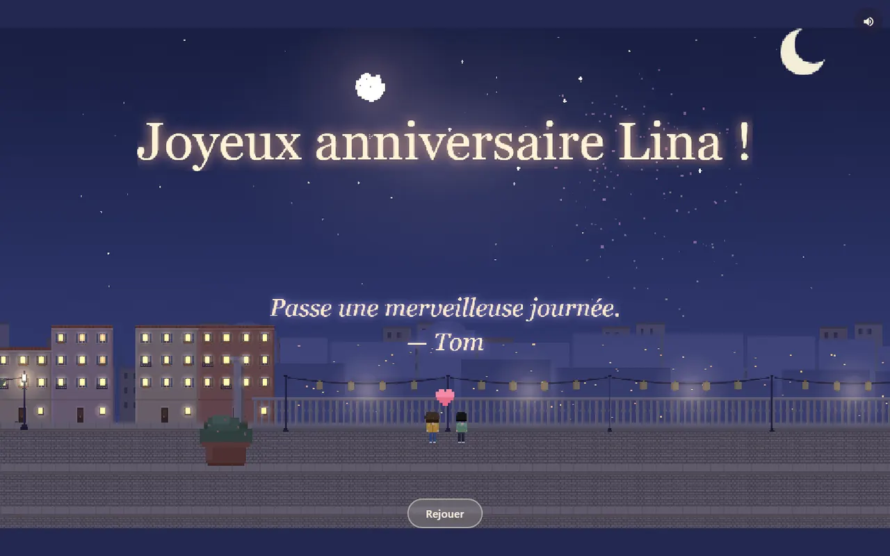 Le message final signé, affiché en plein écran.