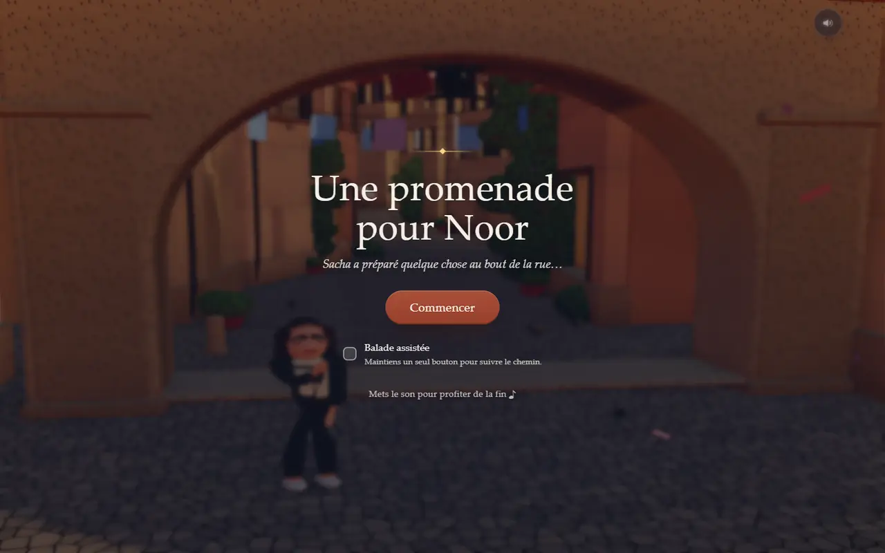 Écran d’accueil du jeu 3D : « Une promenade pour Noor », sur une ruelle de Rome.