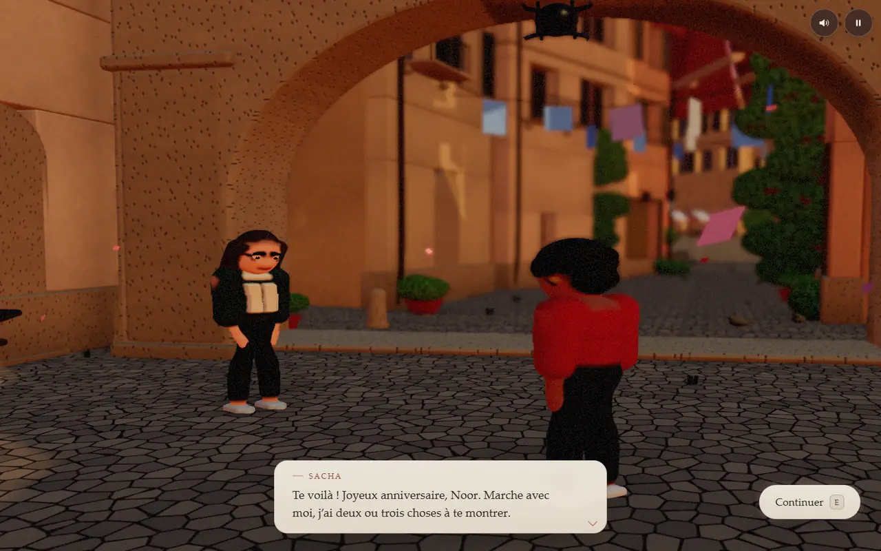 Un dialogue s’ouvre entre deux personnages 3D sous l’arche.